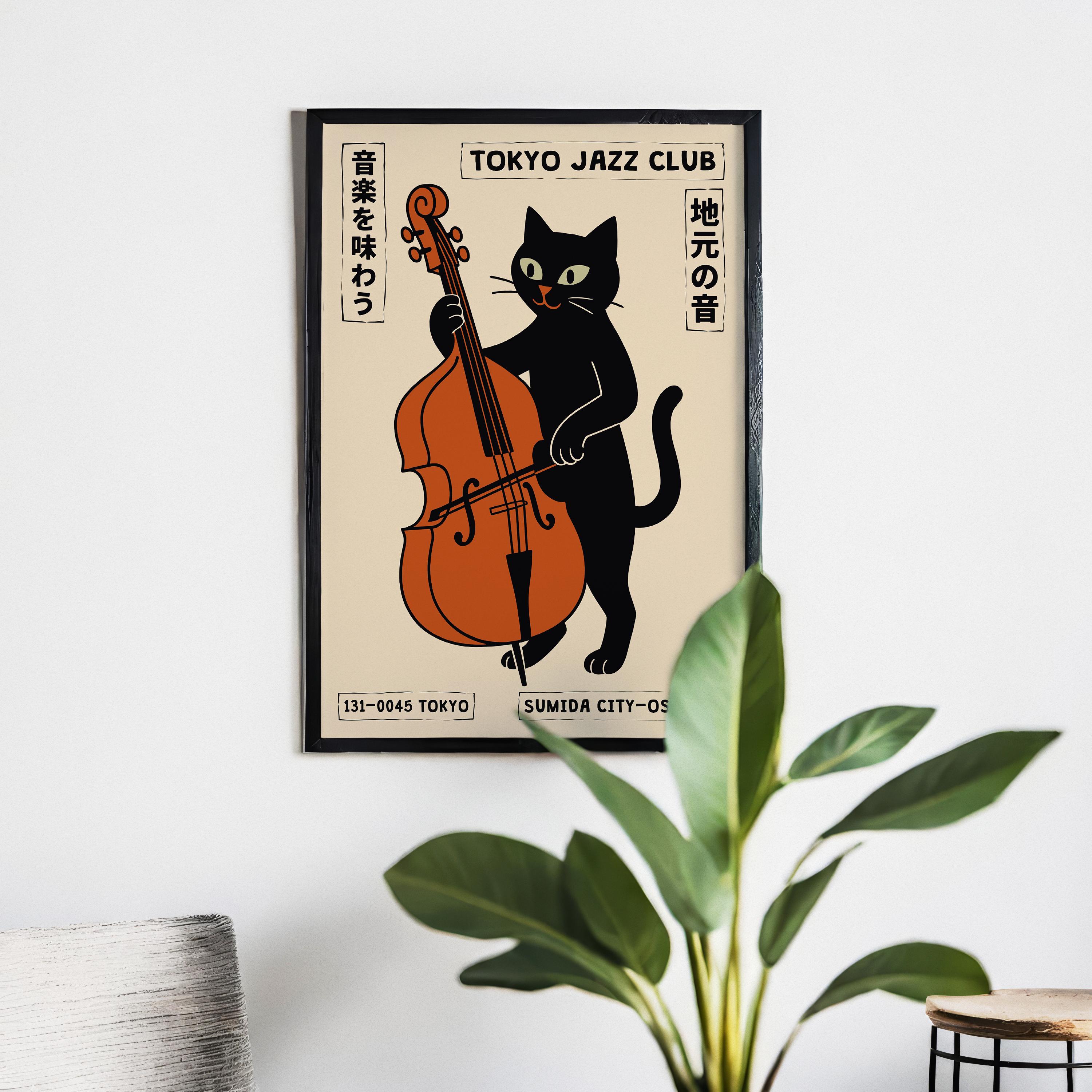 Tokyo Jazz Club Poster – Modern Music Wall Art Cat Bass Print