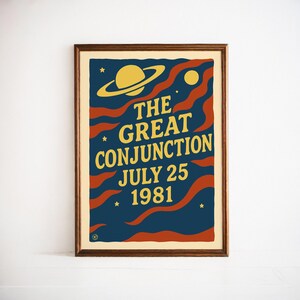 Poster rétro de l'espace - La grande conjonction, 25 juillet 1981 - oeuvre d'art murale céleste vintage avec planètes, étoiles et ondes cosmiques - impression astronomie