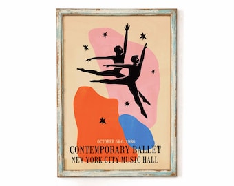 May include: A framed poster featuring two black silhouettes of dancers leaping against a beige background with pink, orange, and blue abstract shapes and black stars. Text reads: OCTOBER 5&6. 1986 CONTEMPORARY BALLET NEW YORK CITY MUSIC HALL.