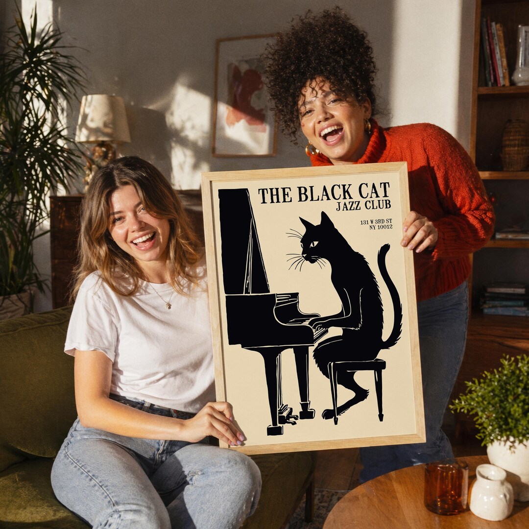 Vintage Jazz Club Poster | Black Cat Piano Art Print | NYC Jazz