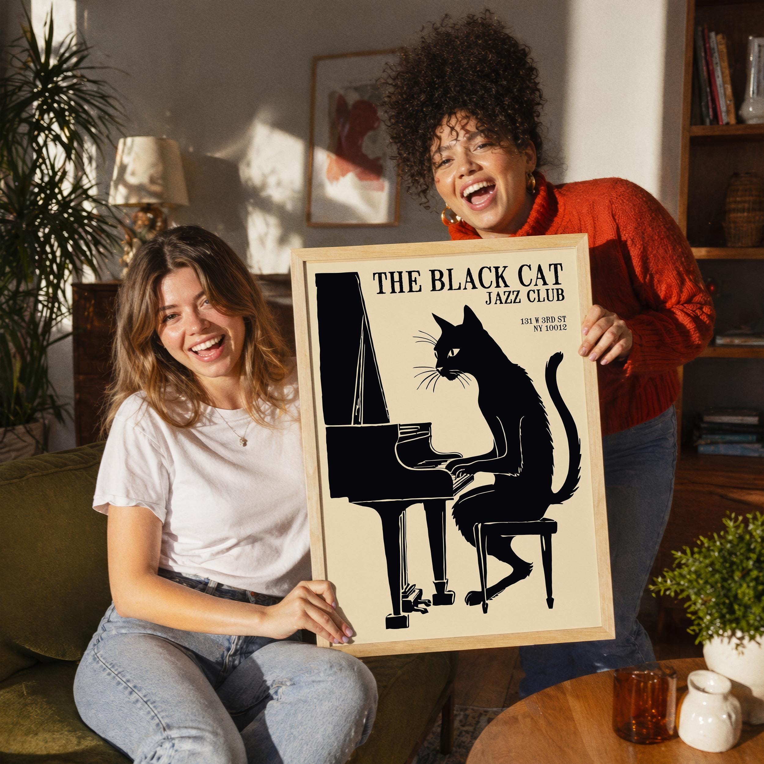 Vintage Jazz Club Poster | Black Cat Piano Art Print | NYC Jazz