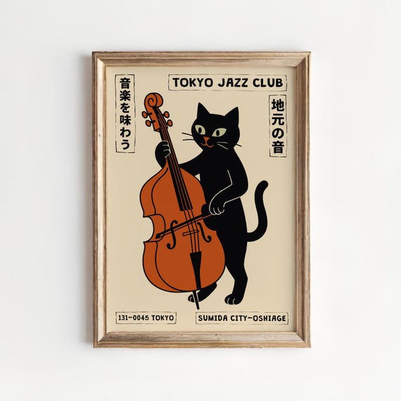 Tokyo Jazz Club Poster – Modern Music Wall Art Cat Bass Print