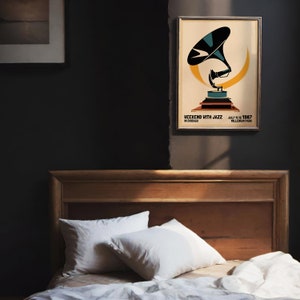 May include: A vintage poster advertising a "Weekend with Jazz" event in Chicago, Illinois. The poster features a stylized illustration of a gramophone with a yellow crescent moon behind it. The event took place in July 1987 at Millennium Park.
