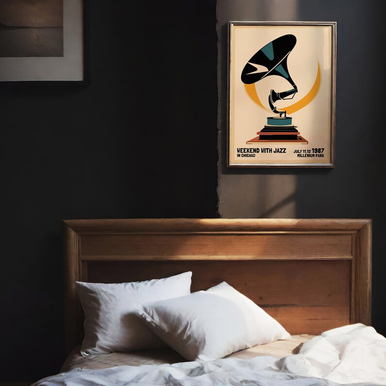 May include: A vintage poster advertising a "Weekend with Jazz" event in Chicago, Illinois. The poster features a stylized illustration of a gramophone with a yellow crescent moon behind it. The event took place in July 1987 at Millennium Park.