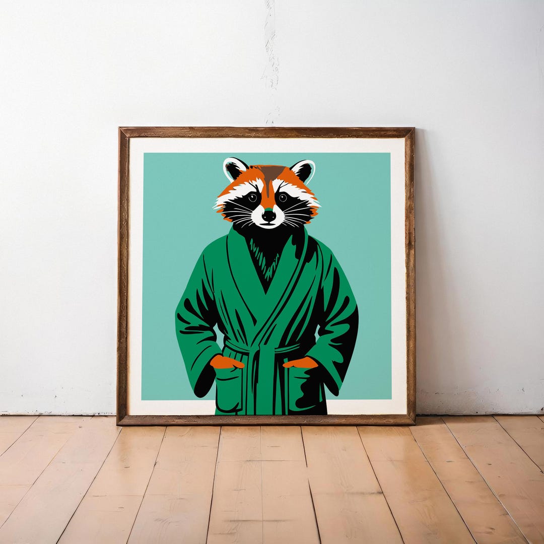 Retro Raccoon Wall Art - Funny Animal Print in Bathrobe - Cozy Woodland ...