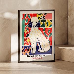 Retro Poster - WORLD POODLE DAY - Dog Portrait in Large Dimensions Whimsical Prints for Above-Bed - Welcome Wall Art Prints for Entryway