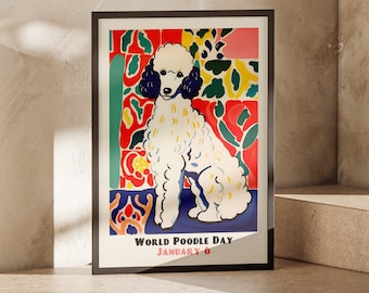 Retro Poster - WORLD POODLE DAY - Dog Portrait in Large Dimensions Whimsical Prints for Above-Bed - Welcome Wall Art Prints for Entryway