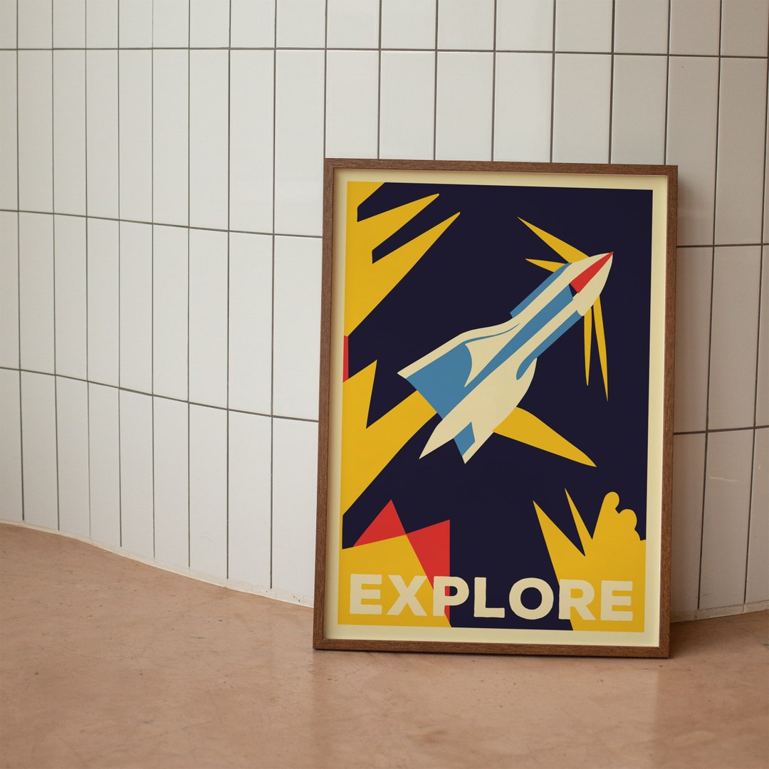 EXPLORE Space Poster Moon Rocket Minimalist Posters Geometric Space Art Print Nasa Posters