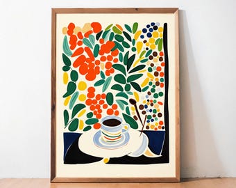 Coffee Cup Botanical Poster - Wall Art Colorful Modern Kitchen Cafe Home Decor Print