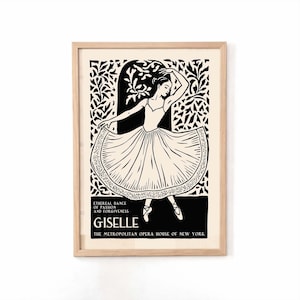 May include: A framed black and white art print featuring a ballerina in a flowing dress, set against a decorative floral background. The print includes the text "Giselle" and "The Metropolitan Opera House of New York."