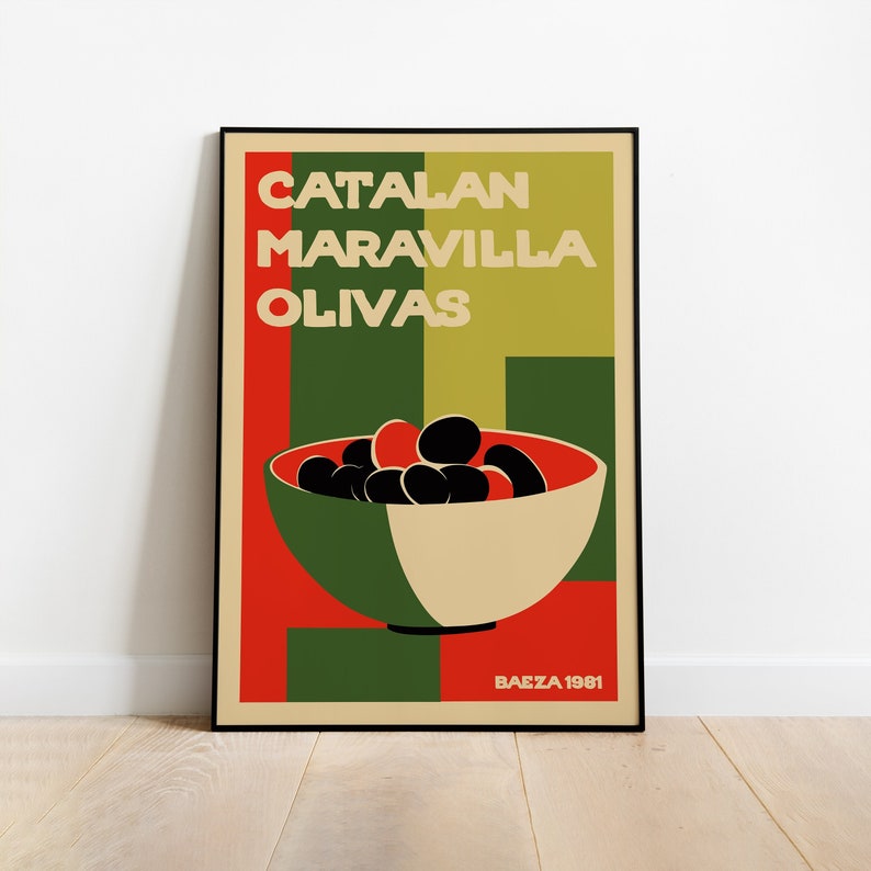 CARTEL DE ACEITUNAS ESPAÑOLAS / Maravilla Olivas catalana - Ilustración de comida, Decoración de comedor, Impresión botánica, Ilustración de aceitunas, Decoración de cocina imagen 1