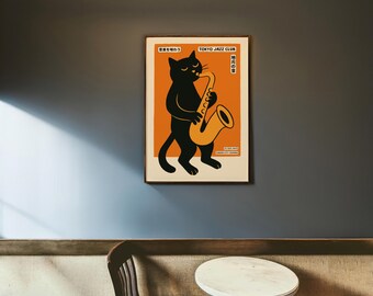 Tokyo Jazz Club Cat Poster – Retro Japanese Black Cat