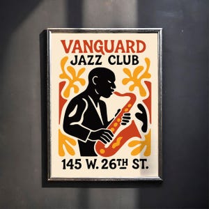 Vanguard Jazz Club Poster | NYC Mid-Century Modern Music Wall Art Print, Retro Saxophone Player, Vintage Jazz Lover Gift, Unique Home Decor