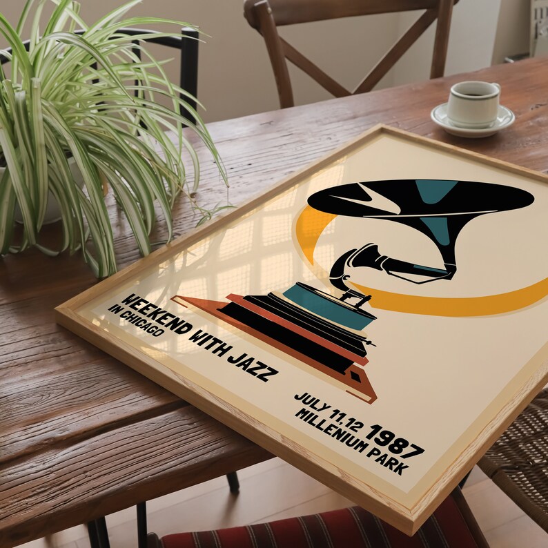 May include: A vintage-style poster advertising a "Weekend with Jazz" event in Chicago. The poster features a stylized illustration of a gramophone with a yellow, orange, and teal color scheme. The text on the poster reads "Weekend with Jazz in Chicago" and "July 11, 12 1987 Millennium Park".