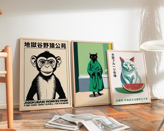 Japanese Snow Monkey Park Poster: Retro Black and White Travel