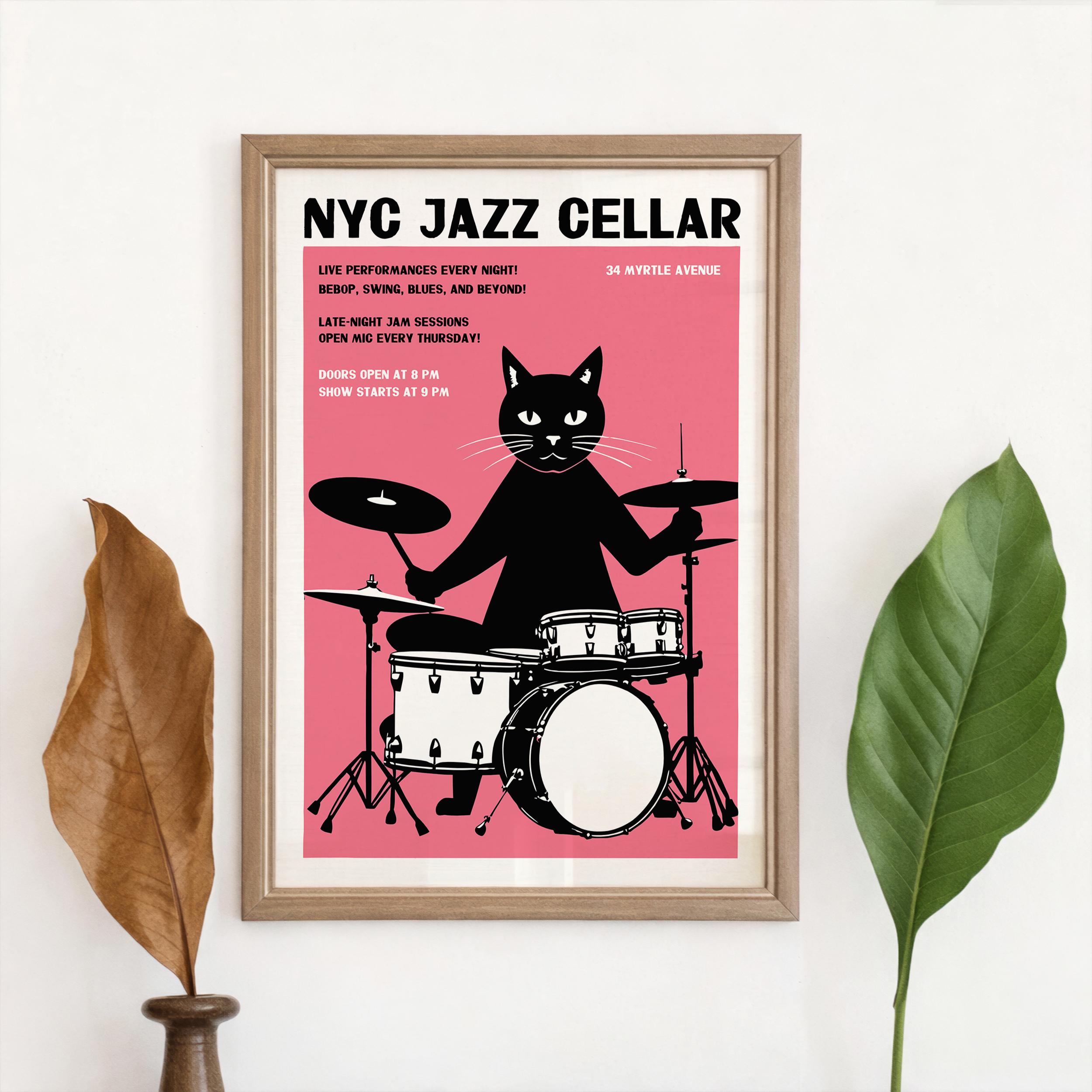 NYC Jazz Club Poster - Cat Drummer Print - Music Wall Art Bebop