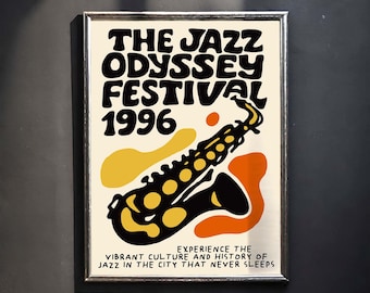 May include: A framed poster with a cream background features the text "THE JAZZ ODYSSEY FESTIVAL 1996" in black, bold letters. A black and yellow saxophone is depicted, with orange and yellow abstract shapes. The text below reads "EXPERIENCE THE VIBRANT CULTURE AND HISTORY OF JAZZ IN THE CITY THAT NEVER SLEEPS."