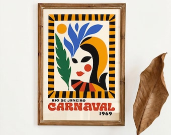 Rio de Janeiro Carnival Poster, Retro Brazil Travel Print, Samba Festival Wall Decor
