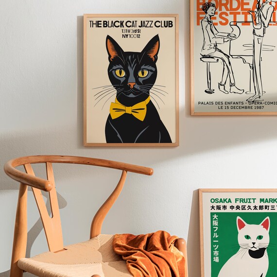 Jazz Club Poster, Black Cat Art Print, Retro Music Wall