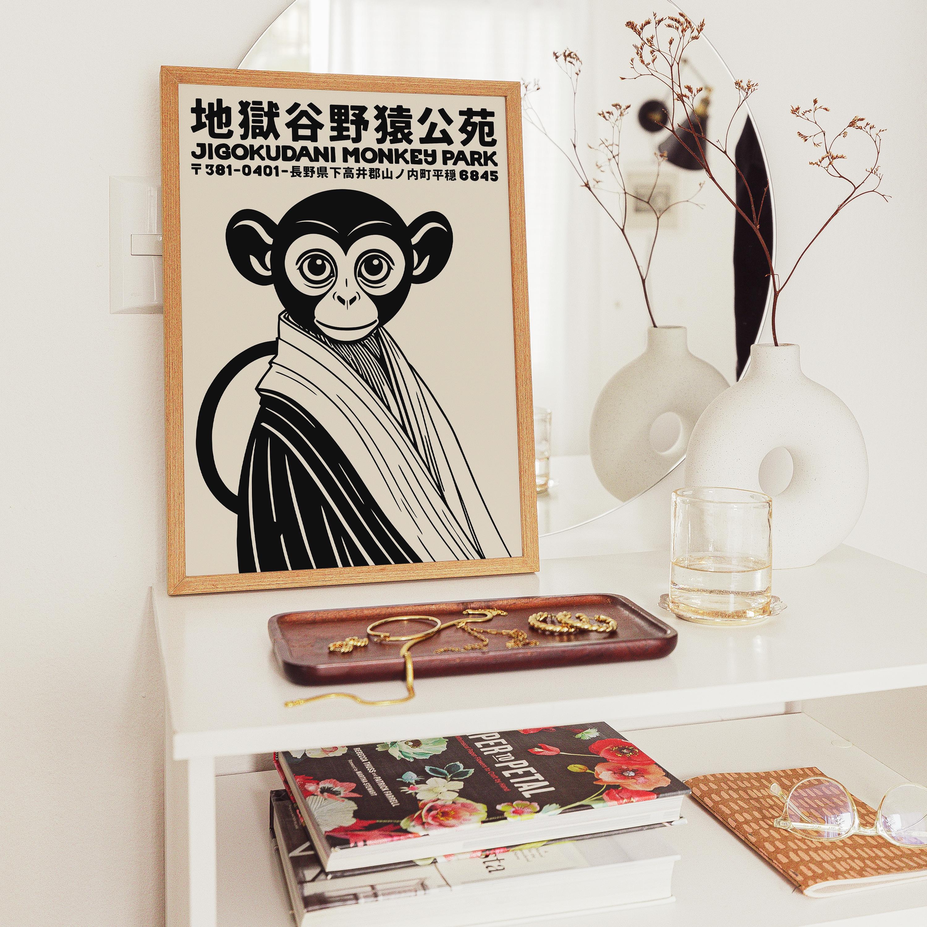 Japanese Monkey Park Poster: Mid-century Modern Black & White Art