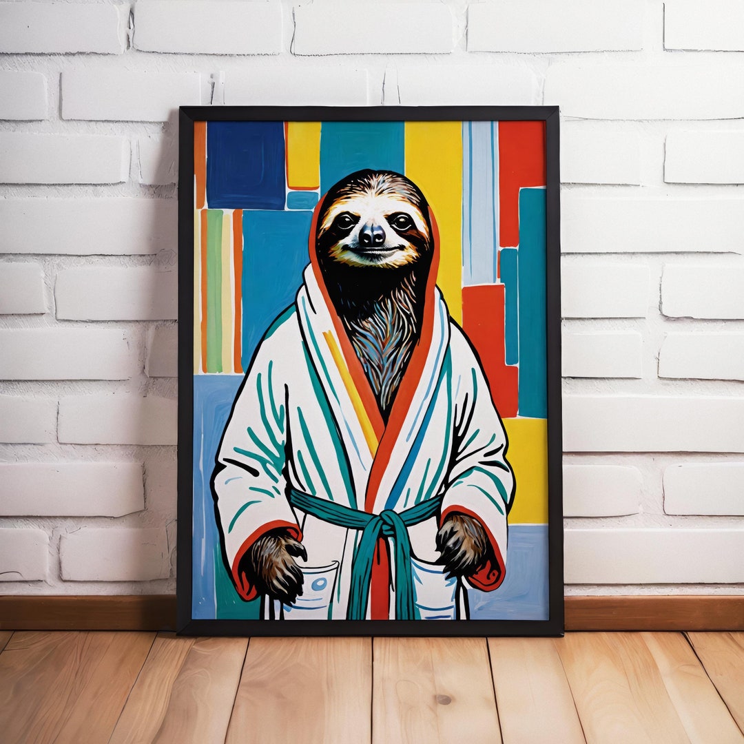 Colorful Sloth in Bathrobe Pop Poster - Quirky Animal Wall Art Home ...