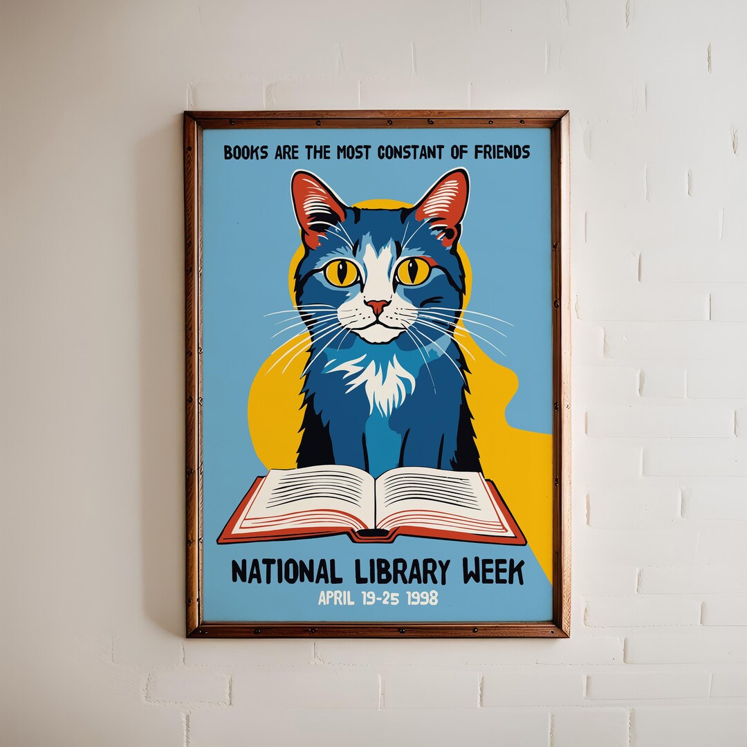National Library Week Cat Poster – Retro 1998 Library Cat Art – Gift ...