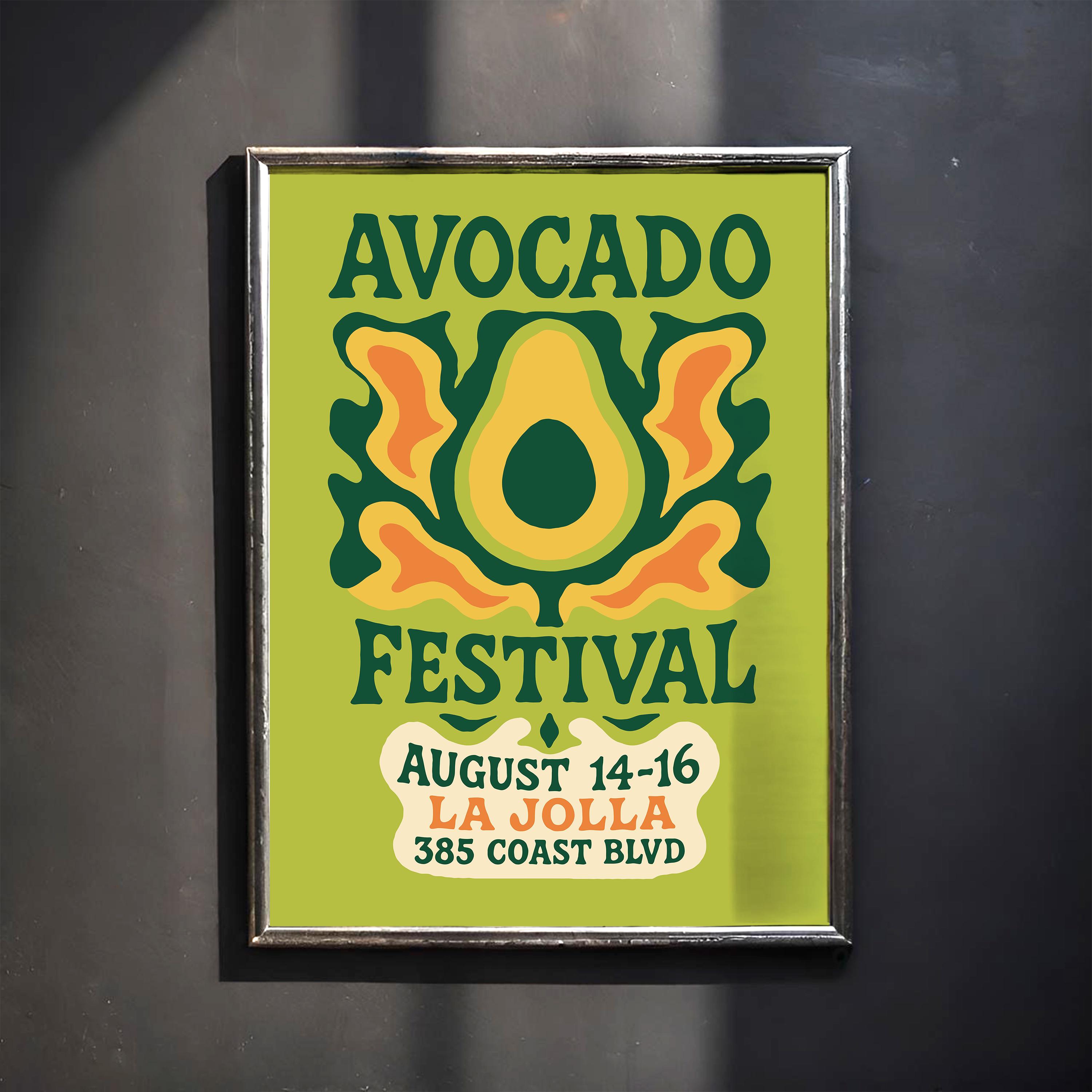 Avocado Festival Poster Print - Retro 70s Kitchen Wall Art - Groovy Green Home Decor - Mid Century Food Illustration - Large Mailed Prints