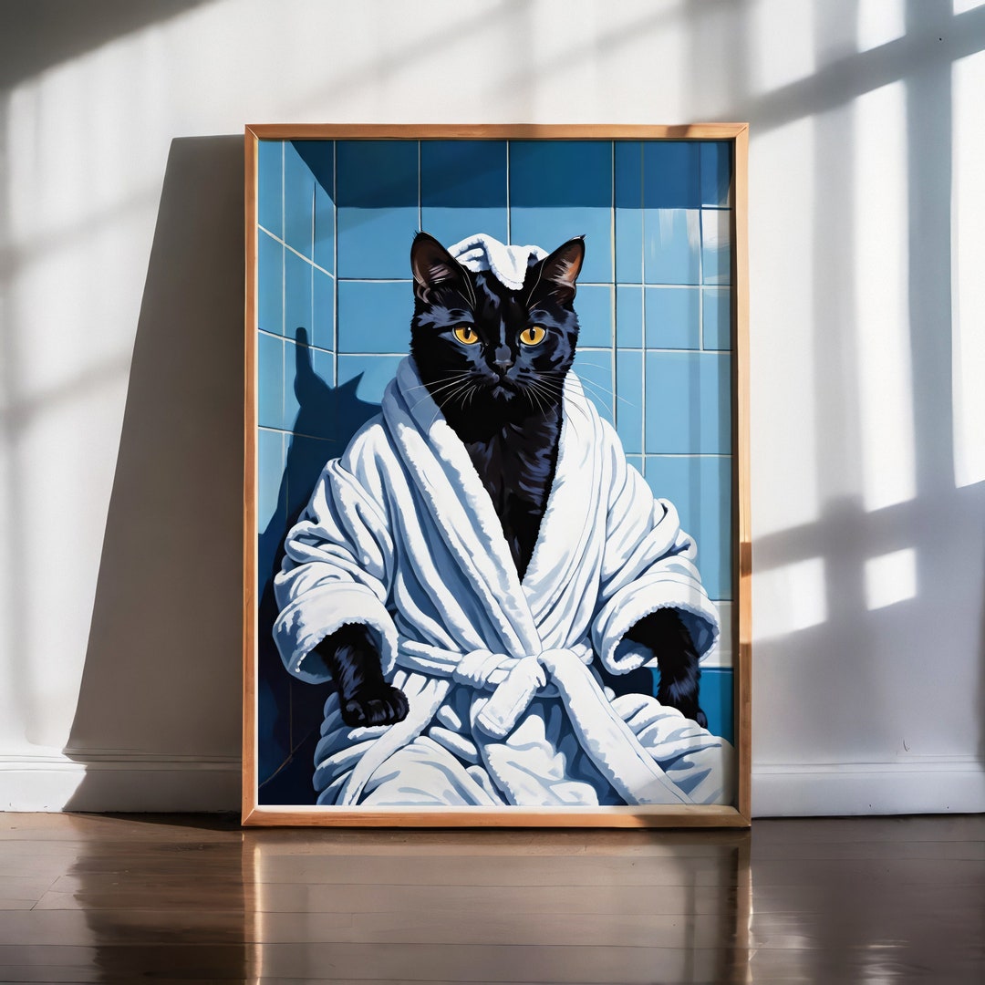 Classy Cat in Bathrobe Poster, Funny and Chic Cat Painting, Blue and ...