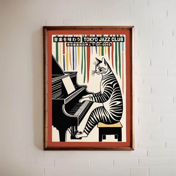 Japanese Jazz Cat Piano Art Print: Tokyo Jazz Club Poster - Etsy