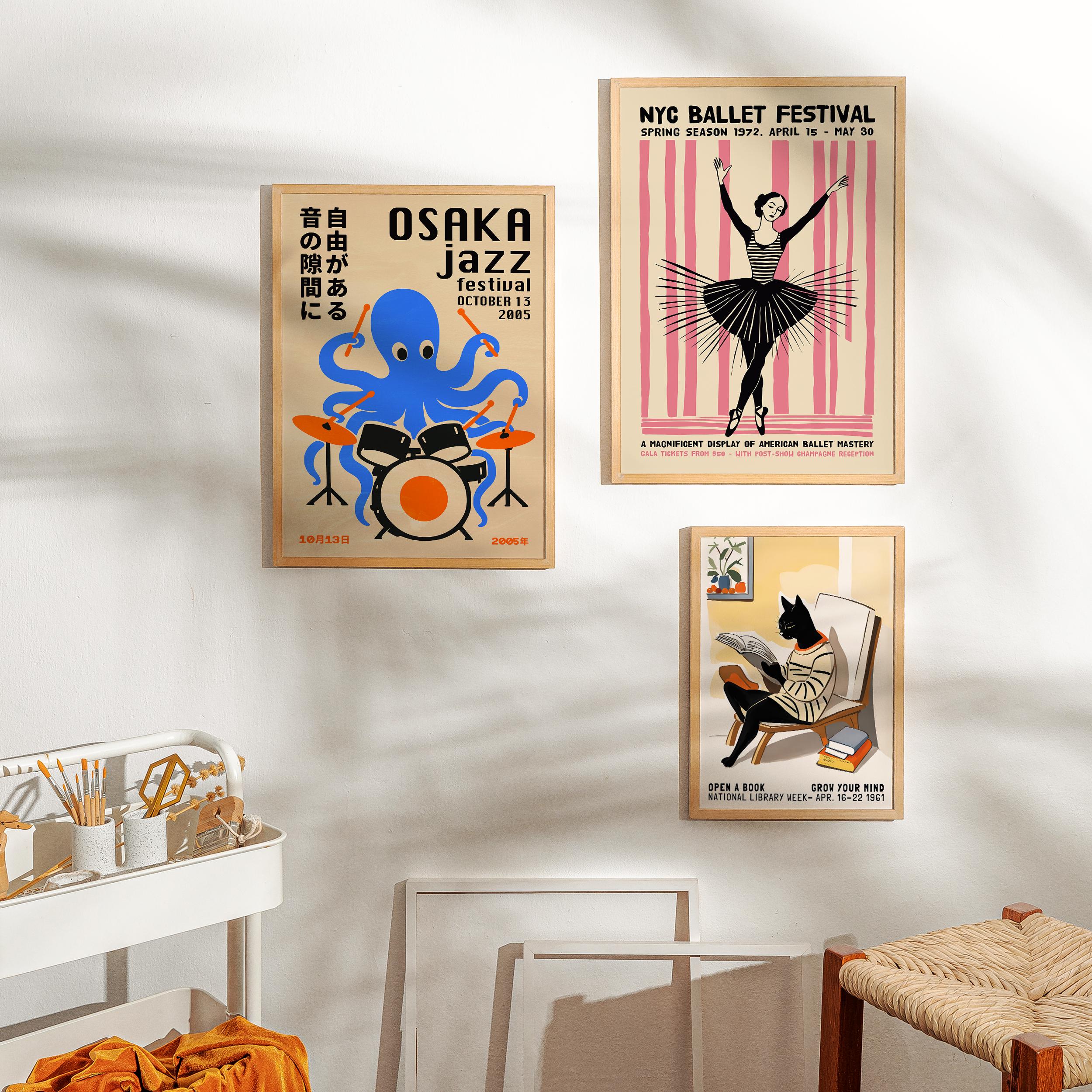 Osaka Jazz Festival Poster, Japanese Octopus Drum Print, Modern