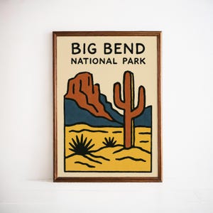 Affiche du parc national de Big Bend - impression d'art vintage paysage désertique, cactus et scène de montagne - décoration murale voyage nature pour randonneurs, campeurs