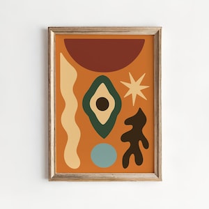 Lámina de arte mural abstracto retro: póster con formas modernas de mediados de siglo, decoración bohemia en tonos tierra, arte estético para sala de estar u oficina.