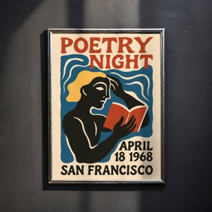 Impression d'affiche de nuit de poésie rétro - Art de San Francisco de 1968, décoration murale moderne audacieuse du milieu du siècle, cadeau vintage pour amateur de livres, art littéraire