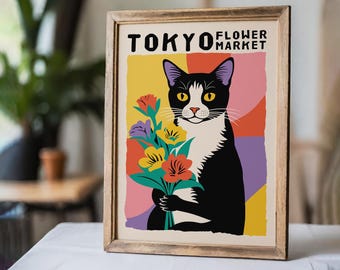 Tokyo Flower Market Cat Art Print: Whimsical Tuxedo Cat