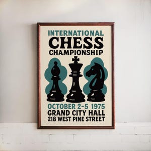 Vintage 1975 International Chess Championship Poster – Retro Tournament Art Print Decor – Rare Collector’s Item – Mailed Chess Poster Gift
