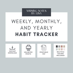 May include: A printable habit tracker for weekly, monthly, and yearly goals. The digital download includes multiple color options and unlimited prints.