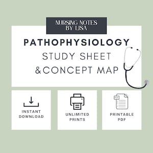 May include: A digital download of a study sheet and concept map for pathophysiology, with a stethoscope graphic and icons for instant download, unlimited prints, and printable PDF.