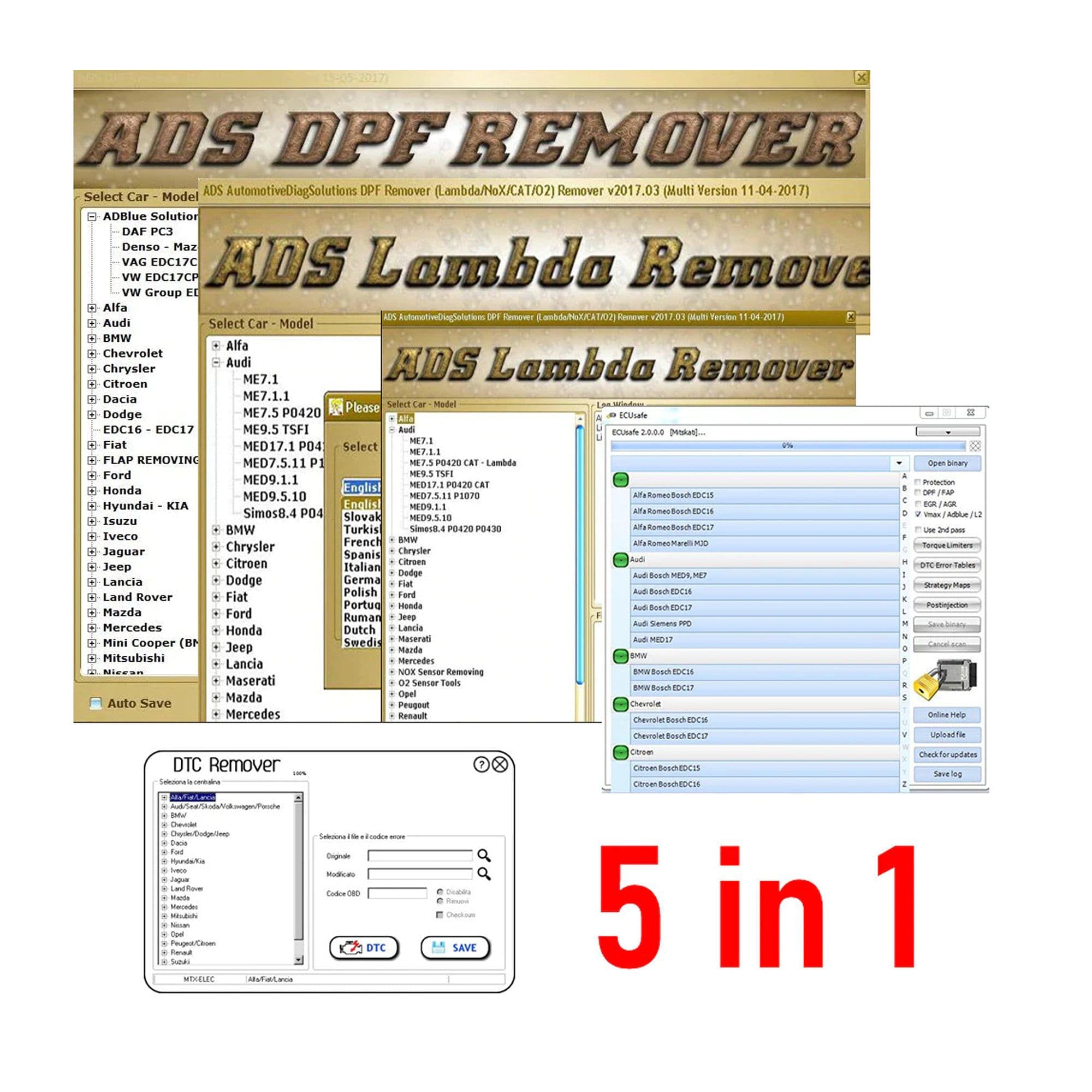 プロフェッショナルDPFリムーバー + EGRリムーバー + ラムダリムーバー + Ecu Safe 2.0 + DTCリムーバー 1.8.5 |  ソフトウェア5 in 1パッケージ