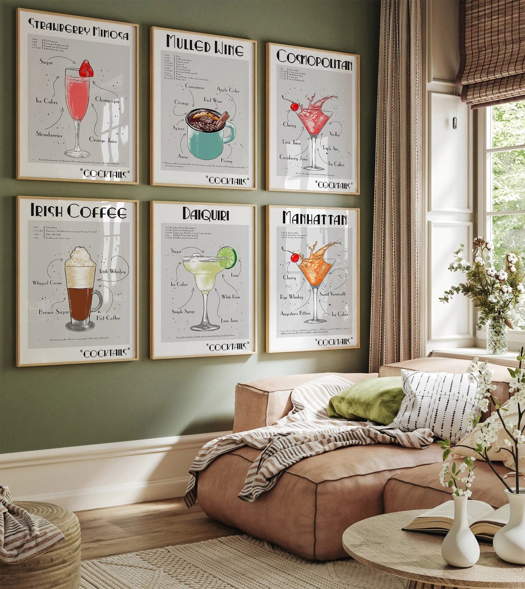 printable kitchen prints wall art, set of 6, hand... Cocktail Print, Recipe Illustration Wall Art, Trendy Cocktail Poster ...