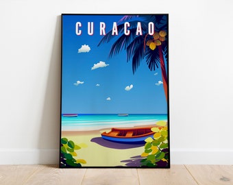 Affiche de voyage de Curaçao. Paysage des Caraïbes avec bateau, palmier et mer en arrière-plan. Décoration murale Style Art déco fait à la main Téléchargement numérique
