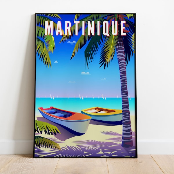 Martinique travel poster. Beautiful landscape with boats, beach, palms and sea in the background. Handmade vector Art Deco Digital Download