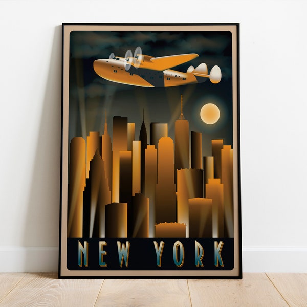Vintage Travel Posters Wall Decor - Airplane in the sky over New York at night. Handmade drawing. Art Deco Style Digital Download