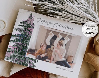 Preppy Bow Christmas Card Canva Template, Coquette Holiday Family Christmas Photo Card, Editable Watercolor Holiday Greeting Card Landscape