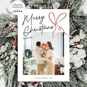 Minimal Photo Christmas Card with Bow Canva Template, Simple Family Christmas Photo Card, Editable Holiday Greeting Card, Happy Holidays