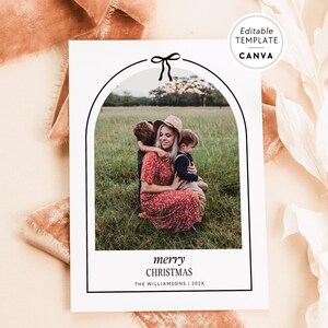 Bow Christmas Card Canva Template with Photo, Simple Family Christmas Photo Card, Editable Minimal Holiday Greeting Card, Arch Photo Holiday