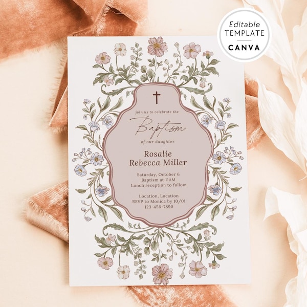Vintage Floral Baptism Invitation Canva Template: Editable Girl Christening Invite (Digital Download) BSIT34