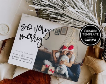 Modern Photo Christmas Card, Boho Editable Holiday Card, Christmas Photo Card Template, Xmas Card with Arch Photo Canva, Family Photo Card