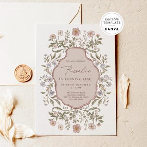 Vintage Floral Birthday Invite Canva Template, Girls Preppy Toile Birthday Party Digital Invitation, Folk Art Grandmillenial Editable Invite