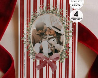Preppy Vintage Red Bow Family Photo Christmas Card Canva Template, Happy Holidays Photo Collage Card, Digital Download