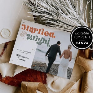 Married and Bright Christmas Card Template, Retro Newlywed Christmas Photo Card, Editable First Christmas as Mr. and Mrs., Arch Photo, Canva